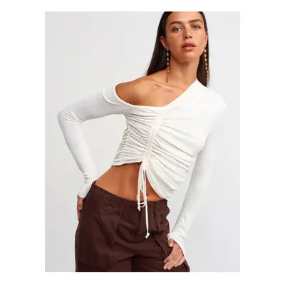 Dilvin Right Open Shoulder Gathered Sweater-ecru