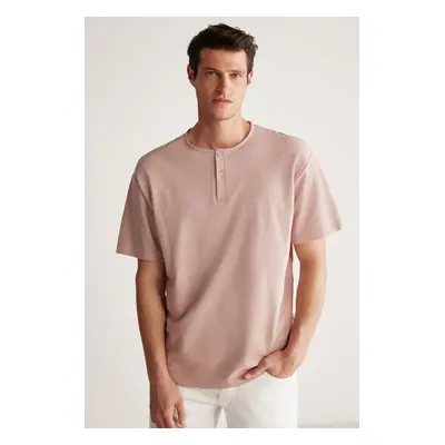 GRIMELANGE Harry Men's Collar Special Succulent Textured Thick Fabric 100% Cotton Pink T-shirt