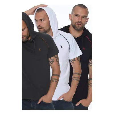 TRIPLE SET T8570 DEWBERRY HOODED MEN'S T-SHIRT-ANTHRACITE-WHITE-NAVY BLUE