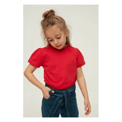 Trendyol Red Girl Balloon Sleeve Plain Crew Neck Cotton Knitted T-Shirt