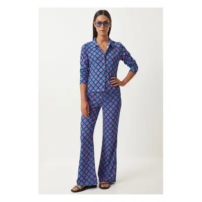 Happiness İstanbul Women's Blue Pink Patterned Summer Woven Shirt and Trousers Set