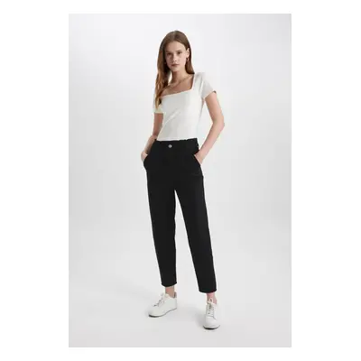 DEFACTO Paperbag Gabardine Trousers High Waist Pocket Basic Straight Standard Leg