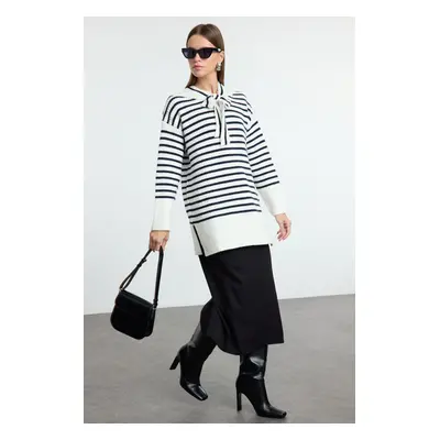 Trendyol Navy Blue Striped Sailor Collar Soft Textured Knitwear Sweater