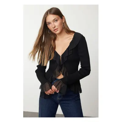 Trendyol Black Tulle Detailed Knitwear Cardigan