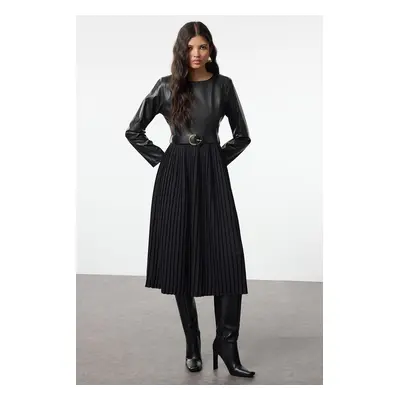 Trendyol Black Belted Faux Leather Pleated A-Line Midi Woven Dress