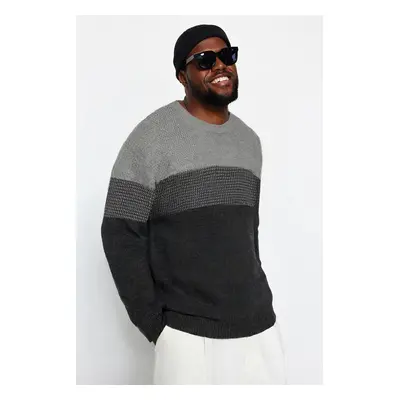 Trendyol Gray Slim Fit Crew Neck Color Block Knitwear Plus Size Sweater