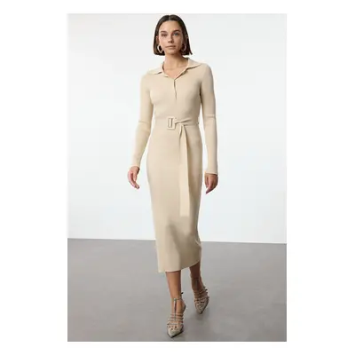 Trendyol Beige Maxi Belted Knit Dress