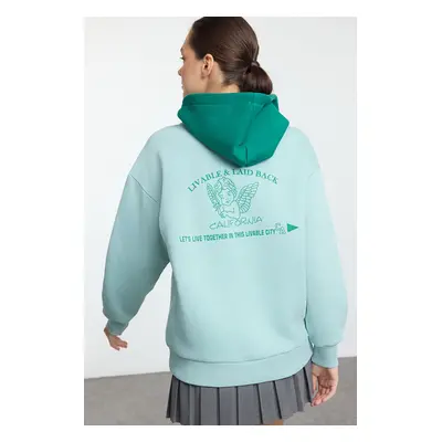 Trendyol Mint Back Printed and Color Block Hooded Oversize/Wide Pattern Knitted Sweatshirt