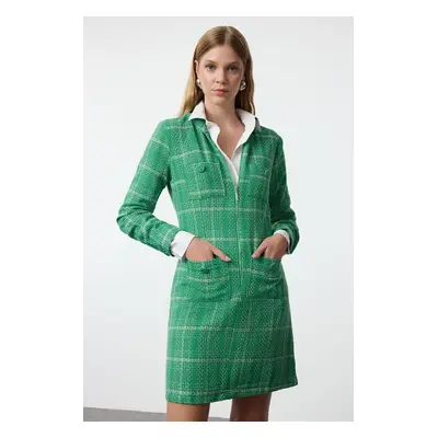 Trendyol Green Plaid Zipper and Pocket Detailed Tweed Woven Dress