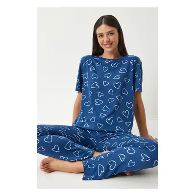 Happiness İstanbul Women's Navy Blue Patterned Viscose Trousers T-Shirt Pajama Set