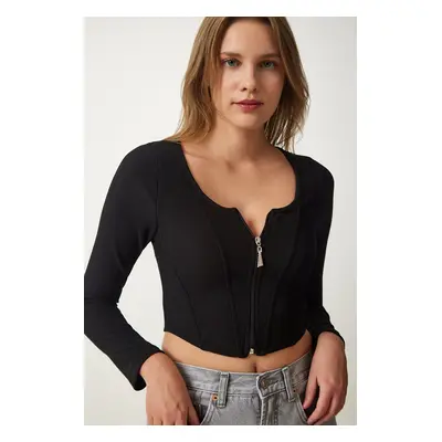 Happiness İstanbul Women's Black Zipper Ribbed Crop Blouse