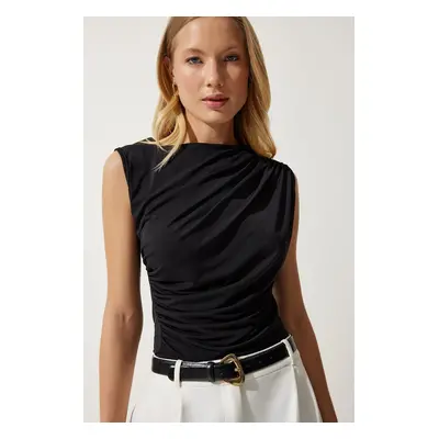 Happiness İstanbul Women's Black Gathered Sleeveless Knitted Blouse