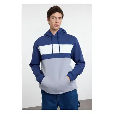 Trendyol Navy Blue Regular/Normal Cut Color Block Fleece Inside Hooded Sweatshirt