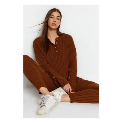 Trendyol Dark Brown Wide Pattern Knitwear Bottom-Top Set