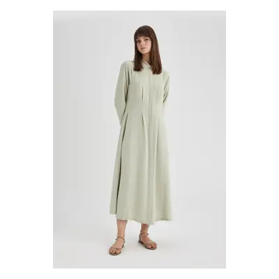 DEFACTO Shirt Collar Linen Blend Basic Long Sleeve Dress