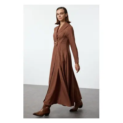 Trendyol Brown Linen Look Front Belt Detailed Woven Dress