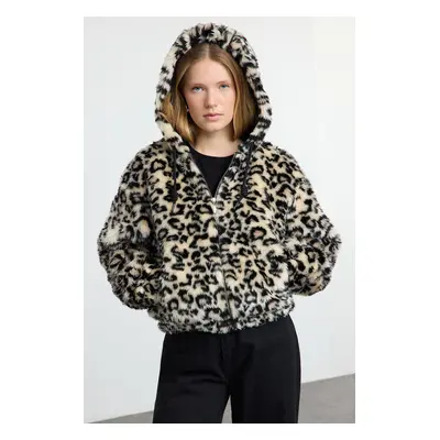 Trendyol Multicolored Brown Leopard Pattern Oversize Patterned Hooded Plush Coat