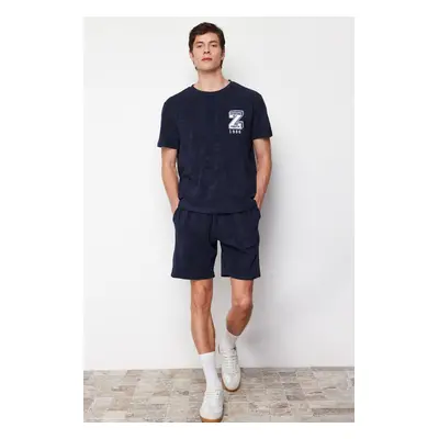 Trendyol Navy Blue Regular Fit Embroidered Terry Fabric Shorts Pajamas Set