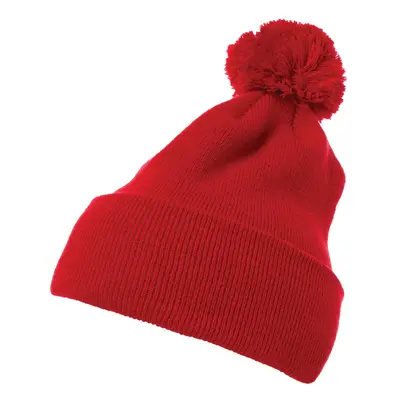 Pom Pom Knit hat with cuff red