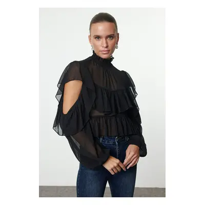 Trendyol Black Ruffle Detailed Chiffon Woven Blouse