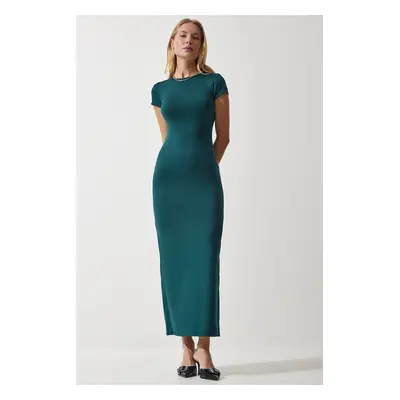 Happiness İstanbul Women's Emerald Green Crew Neck Saran Sandy Knitted Dress