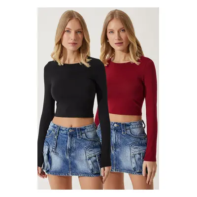 Happiness İstanbul Women's Burgundy Black Crew Neck Basic 2-Pack Crop Knitted Blouse