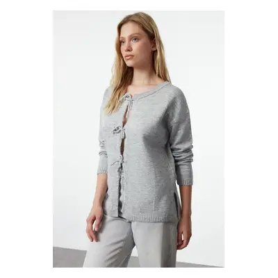 Trendyol Gray Soft Textured Ribbon/Bow Detailed Knitwear Sweater-Cardigan