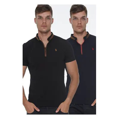 DOUBLE SET T8571 DEWBERRY ZIPPER MEN'S T-SHIRT-NAVY - BLACK