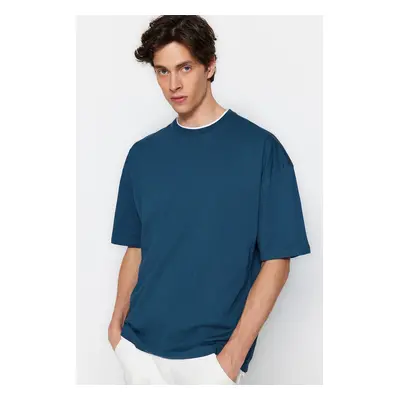 Trendyol Petrol Oversize/Wide Cut Short Sleeve Contrast Piece Detail Cotton T-Shirt