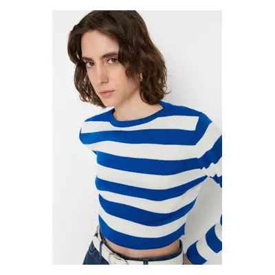 Trendyol Navy Blue Crop Basic csíkos kötöttáru pulóver