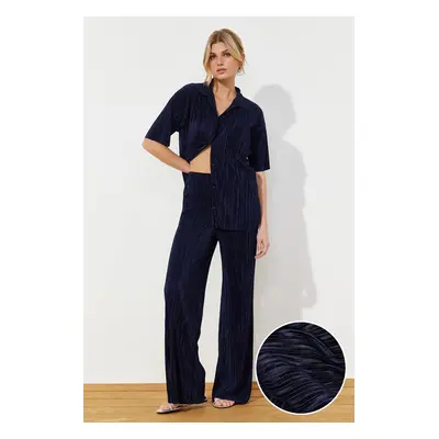 Trendyol Navy Blue Pleated Wide Cut Shirt and Trousers Knitted Bottom Top Set