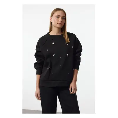 Trendyol Black Stone Detailed Relaxed/Comfortable Thick Inside Polar Fleece Knitted Sweatshirt