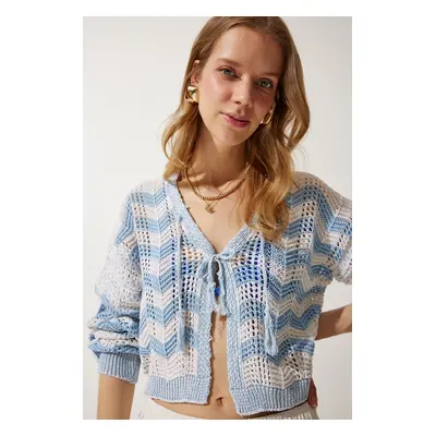 Happiness İstanbul Women's Cream Sky Blue Striped Openwork Seasonal Knitwear Cardigan