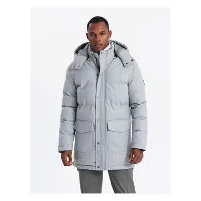 Ombre Warm men's long parka jacket with wool - light grey melange