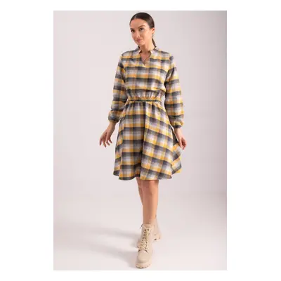 armonika Women's Yellow V-Neck Elastic Waist Plaid Pattern Flared Dress