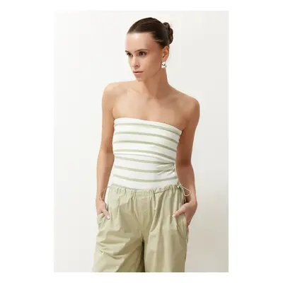 Trendyol Green Striped Strapless Ribbed Stretchy Knitted Blouse