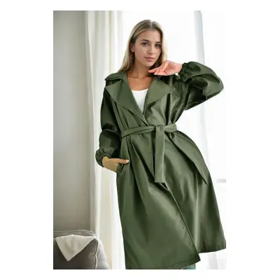 40345 Dewberry Belted Balloon Sleeve Women Trenchcoat-Khaki