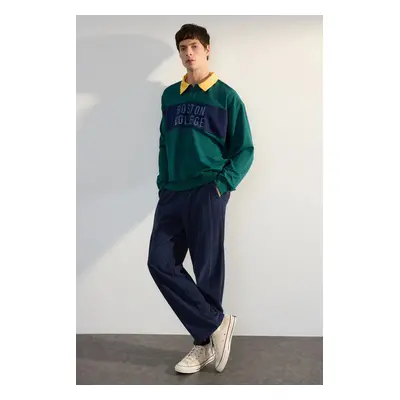 Trendyol Emerald Green Oversize/Wide Cut Polo Collar Puffy Printed Cotton Sweatshirt