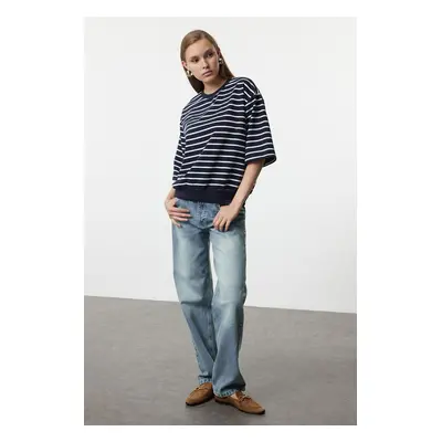 Trendyol Navy Blue Striped Oversize/Wide Fit Thin Knitted Sweatshirt