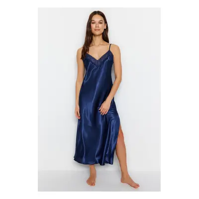 Trendyol Indigo Lace and Slit Rope Strap Satin Woven Nightgown