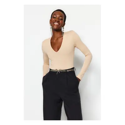 Trendyol Stone Knitted Deep V Neck Studded Bodysuit