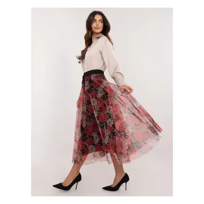 Pink and black floral midi skirt