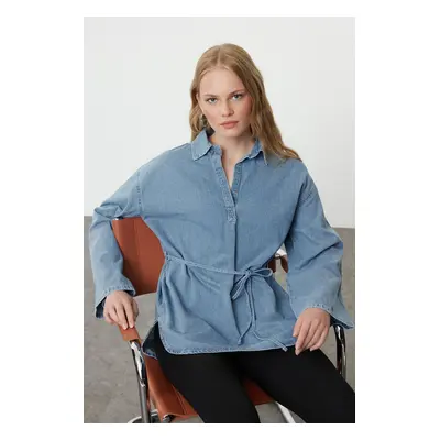 Trendyol Blue Oversize Tie-Up Denim Shirt