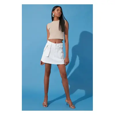 Trendyol White Zipper Detail Cargo Pocket High Waist Mini Denim Skirt