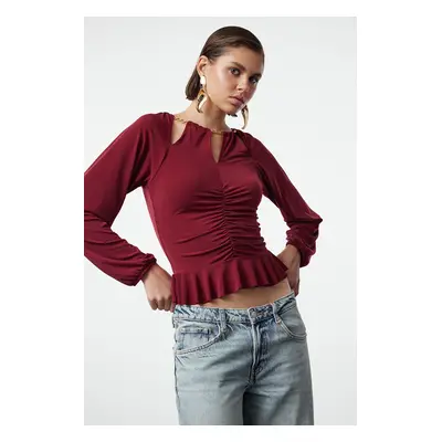 Trendyol Burgundy Window/Cut Out Detailed Knitted Blouse with Accessories