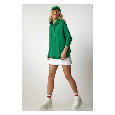 Happiness İstanbul Women's Green Hooded Raised Basic Sweatshirt