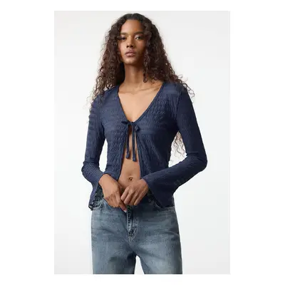 Trendyol Indigo Premium Tie Detail Textured V Neck Flexible Knit Blouse