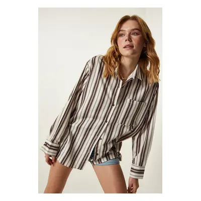 Happiness İstanbul Women's Cream Brown Striped Oversize Knitted Shirt