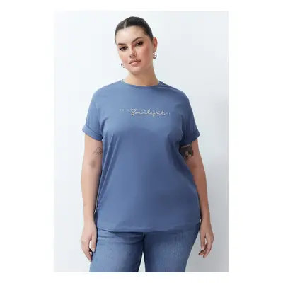 Trendyol Curve Boyfriend 100% Cotton Knitted T-shirt with Indigo Print and Embroidery Detail