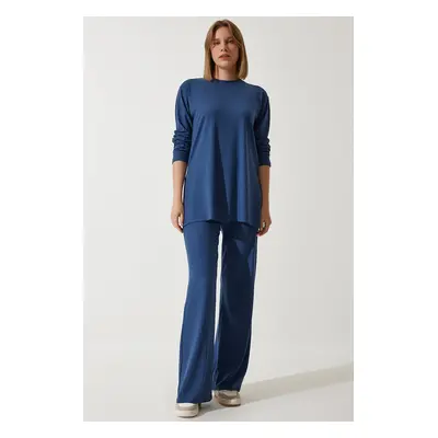 Happiness İstanbul Women's Navy Blue Ribbed Knitted Blouse Pants Suit